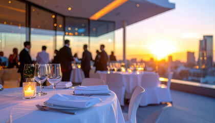 Elegant rooftop sunset reception with professionals enjoying conversation