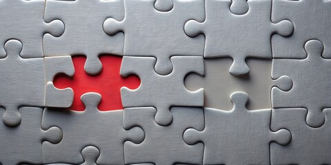 Fototapeta premium Finding the Missing Pieces A Grey and Red Jigsaw Puzzle with Two Empty Spaces Represents Challenges and Solutions in Problem Solving