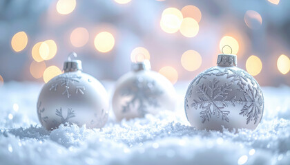 Close up of Christmas baubles with snowflakes on soft snow, glowing lights create festive mood
