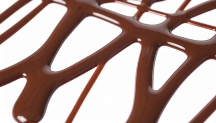 Close-up of chocolate drizzle on isolated white background with smooth flow and soft lighting for indulgent food visuals