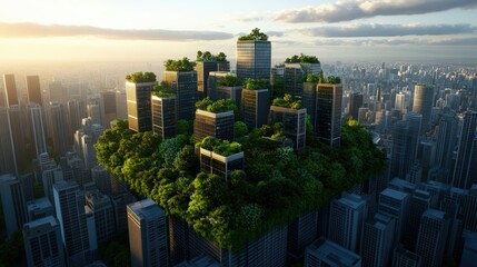 Obraz premium Aerial view of a eco-friendly skyscraper complex with green rooftop gardens in a modern city skyline du sunset