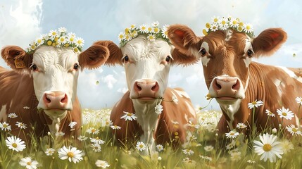 Close up photo of funny Cows with the daisy flower crown, Lying in a Daisy Field, rural Background, Sunny Summer Day, highly detailed, natural warm tones, cinematic effect