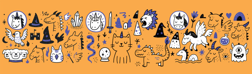 Magical Animals and Witches in Hand-drawn Fantasy Doodle Style