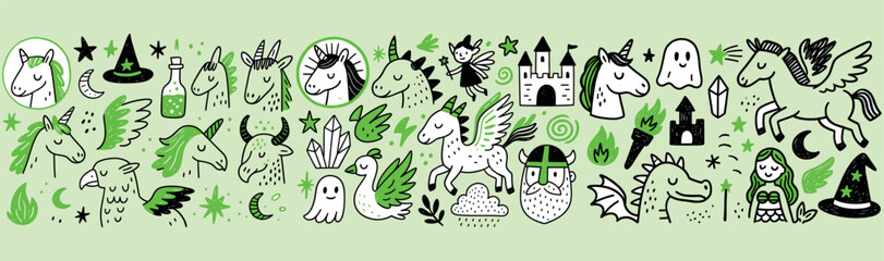 Hand-drawn Fantasy Creatures and Castles in Whimsical Fairytale Style