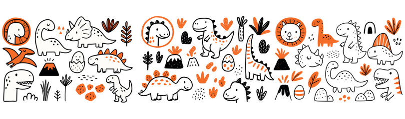 Cute Hand-drawn Dinosaurs and Prehistoric Friends in Doodle Style