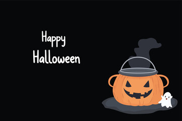 Obraz premium Dark Halloween greeting card featuring jack-o-lantern cauldron and cute ghost with Happy Halloween text in white. Vector illustration