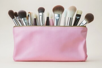 Stylish set of professional makeup brushes and cosmetic products in pink leather pouch on pastel background. Perfect for beauty ads, cosmetics blogs, product packaging and social media content.