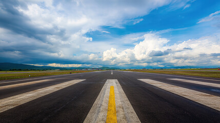 Fototapeta premium Striking Airport Runway vs. Dynamic Blue Cloudy Sky – Aircraft, Taxiways, Control Tower – Aerial Perspective, Runway Markings – Ideal for Graphic Design, Aviation Visuals, Wallpaper