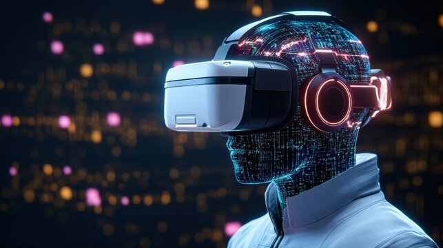 Futuristic cybernetic human with virtual reality headset and glowing digital interface in night cityscape - Powered by Adobe