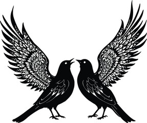 Vector Elegant Doves Silhouette - Two intricately detailed birds with spread wings, facing each other, symbolizing peace and love
