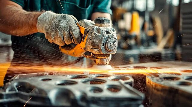 Worker grinds metal part in a workshop, sparks fly