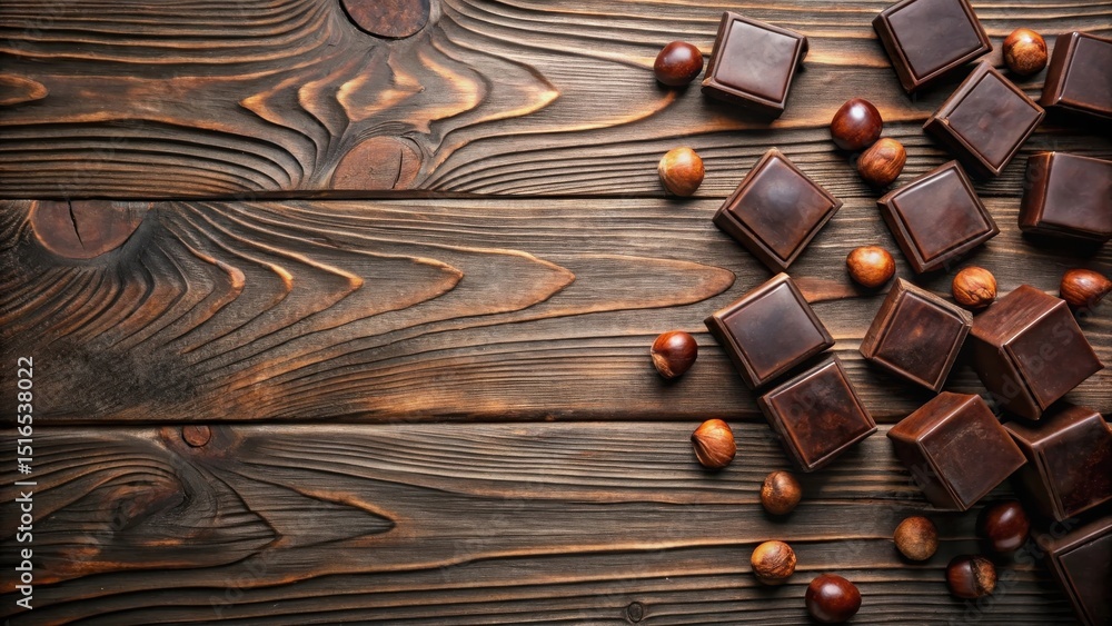 Poster dark chocolate cubes and hazelnuts on rustic wood surface a delicious combination