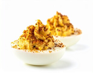 Close-up of dukkah-spiced deviled eggs isolated on white background, Middle Eastern twist, party appetizer, copy space