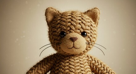 Close-up of an adorable knitted cat plushie with big eyes and whiskers. Soft textures and warm lighting