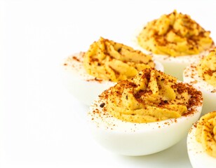Close-up of dukkah-spiced deviled eggs isolated on white background, Middle Eastern twist, party appetizer, copy space