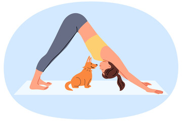 Woman does pilates on yoga mats and does stretching located near with funny puppy. Slender girl in sportswear for pilates, training, wanting to stay healthy and beautiful for long time