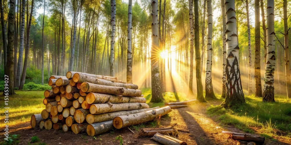 Poster golden sunrise beams illuminate a stack of neatly piled logs in a serene birch forest