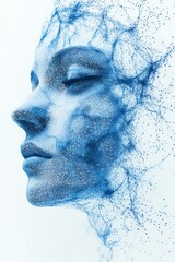 Abstract portrait of a woman, dissolving into blue particles.  Serene, ethereal, and artistic.