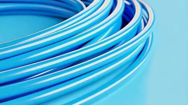Close-up of a coiled bundle of blue and white striped tubing forming circular shapes against a light blue gradient background.