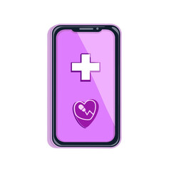 Obraz premium Cellphone Displaying Medical Application with Heart and Plus Symbols in Purple and White Hues Offering Digital Health Solutions
