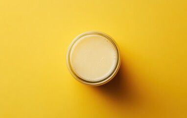Top-down view of little jar of almond milk on vibrant yellow background.