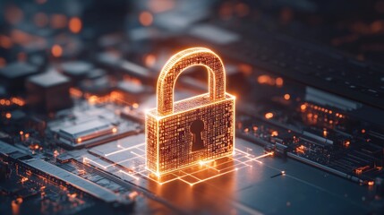 Digital security concept illustrating a glowing padlock symbol on a computer circuit board representing cybersecurity and data protection