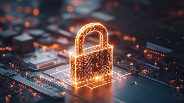 Digital security concept illustrating a glowing padlock symbol on a computer circuit board representing cybersecurity and data protection