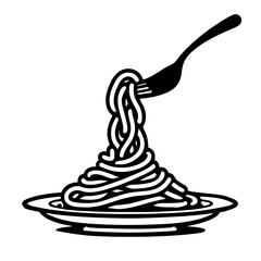 Minimalist black silhouette of pasta twirled around a fork on a white background
