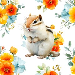 Cute chipmunk in floral pattern