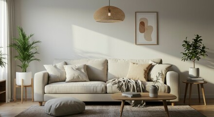Serene living room with beige sofa, plants, and natural light. Wooden coffee table, textured rug, and neutral tones create a calming atmosphere