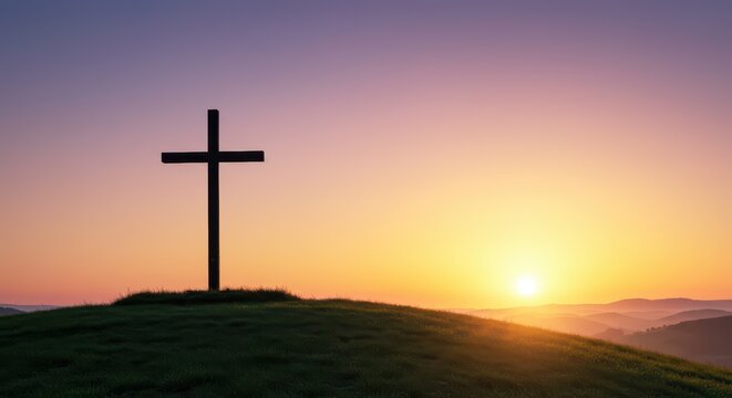Christian cross on hill at sunrise or sunset. Religious symbol on rural landscape with majestic sky. Background for Faith and spiritual concept for banner with empty space. Ascension Day. - Powered by Adobe