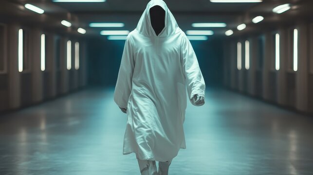 A mysterious, faceless figure walks through a stark, futuristic corridor, encapsulating themes of anonymity, technology, and a sense of eerie anticipation in a modern context.