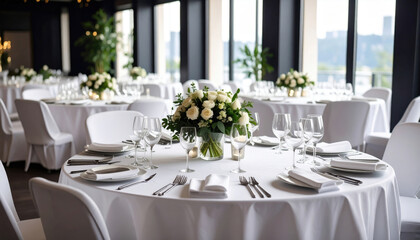 Elegant banquet hall with round tables set for formal event, featuring floral centerpieces