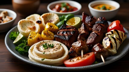 Lebanese mixed grill platter with kebabs, pita, and hummus 