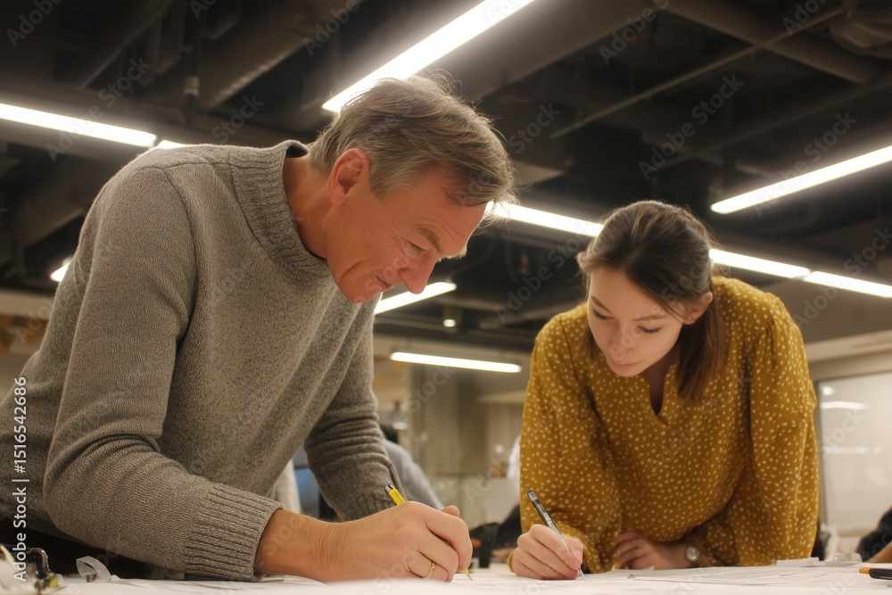Poster collaborative design session with professionals working on project at a modern workspace in the even