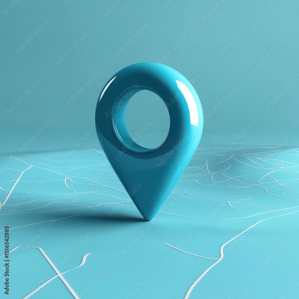 Poster a blue location pin on a blue surface with white lines indicating a map like structure in the backgr