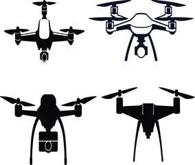 Quadcopter Drone Icons Set Black Silhouettes Aerial Vehicle Technology Modern Design Digital Photography Equipment Flight Transportation Innovation Graphic Resource Vector Illustration Isolated       