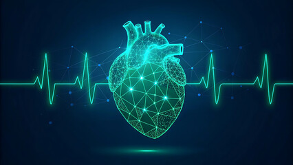 Heart health illustration with ekg heartbeat line and polygon mesh