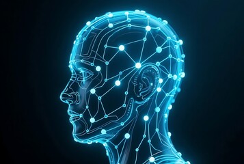 AI Humanoid Head with Glowing Neural Network.