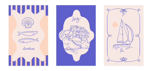 Vintage posters set inspired by Italy featuring sardines fish, coastal line, retro yacht. Mediterranean food, culture, and travel themed graphic. Vector linear illustration.