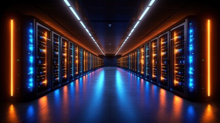Modern data center hallway with illuminated server racks and vibrant blue and orange lighting