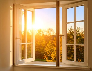 Sunny autumn view from a white window