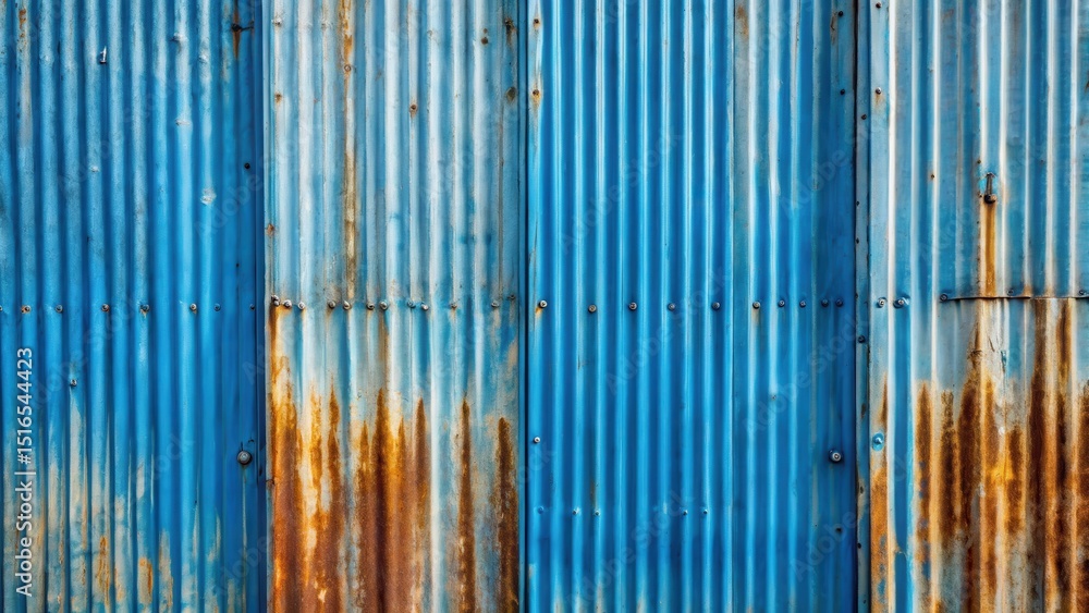 Aufkleber Rustic Blue and Rust Corrugated Metal Sheet Texture Background A Weathered Industrial Surface Ideal for Design Projects