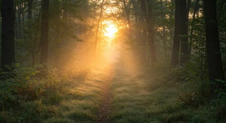 Naklejka premium Sunlit path through a misty forest at dawn. Golden rays illuminate the way