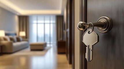 Key in a door, showcasing an interior space.