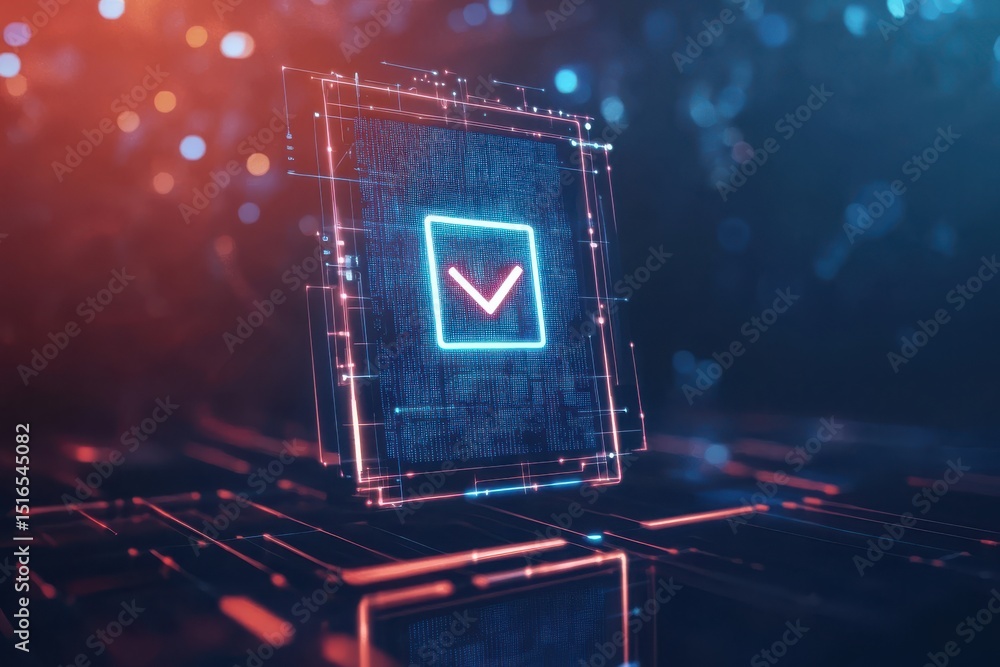 Aufkleber digital checkmark neon glowing technology abstract futuristic interface data red code blue cyber