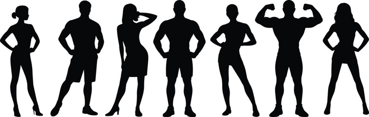 Silhouettes of Fit Men and Women, Bodybuilding Poses, Strong Physique, Fitness Models, Healthy Lifestyle, Gym Training, Muscle Definition.
