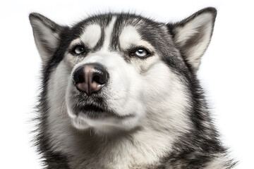 Fototapeta premium Siberian husky with blue eyes and thick fur exudes strength and loyalty in a bright setting