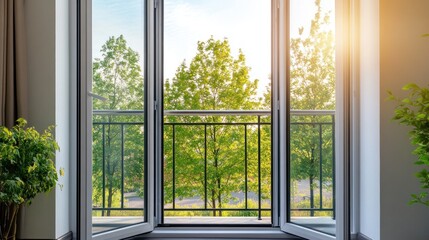 Open French doors reveal a sunny balcony with lush green trees and a metal railing.