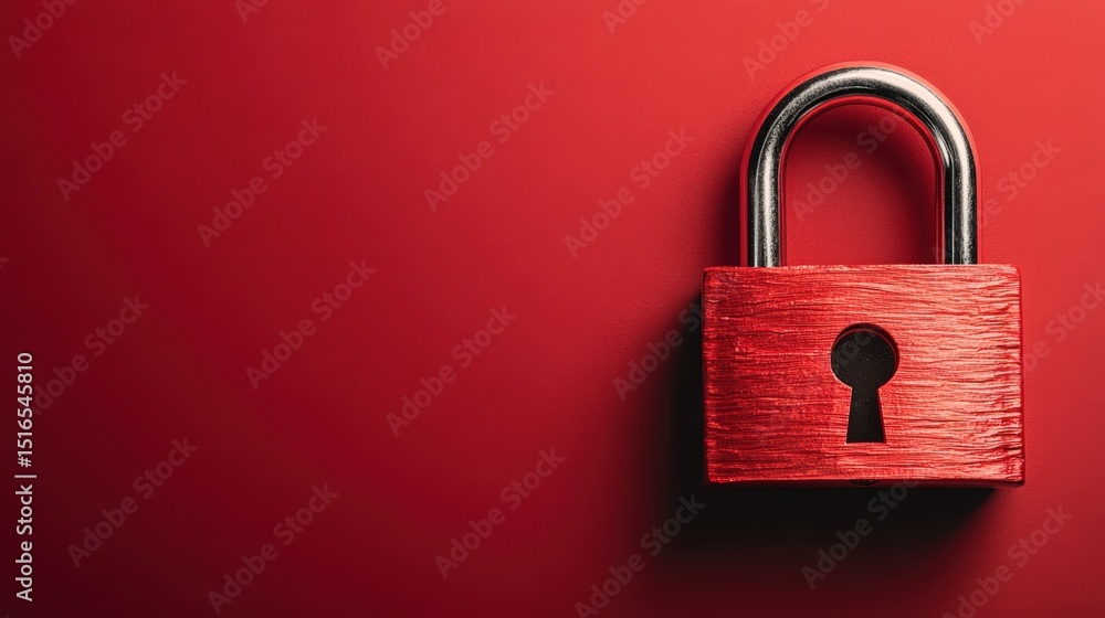 Poster close-up of red padlock with keyhole on a solid red background symbolizing security protection and s